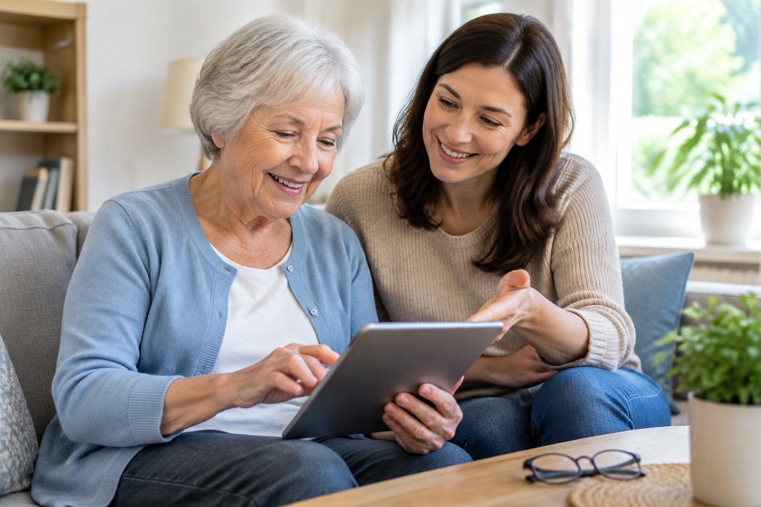 Eine ältere Frau nutzt ein Tablet, während eine jüngere Person ihr dabei hilft.