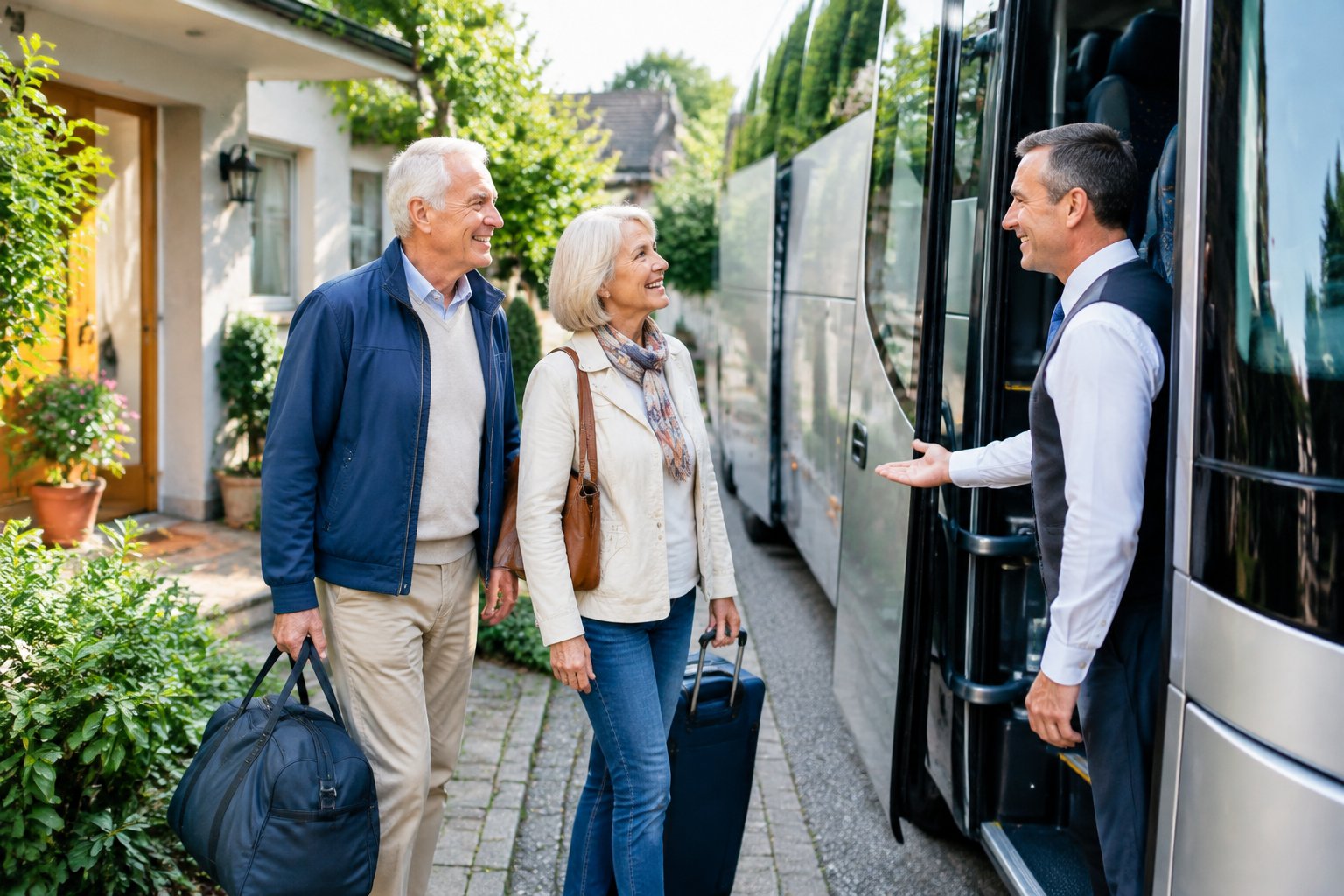 Ein älteres Paar wartet vor seinem Haus, während ein Busfahrer beim Einsteigen in den Reisebus hilft.
